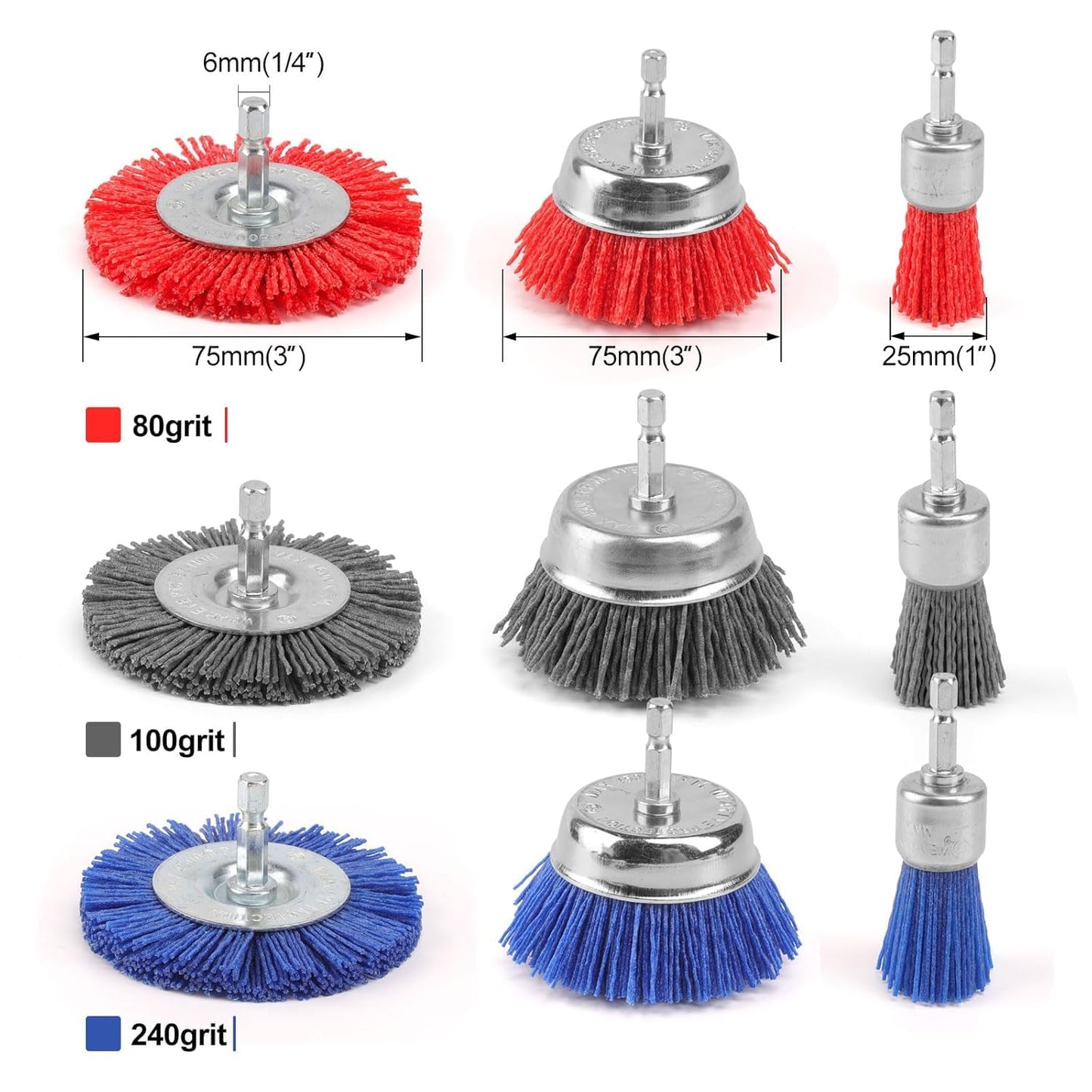 POLIWELL Nylon Filament Brush 9 Pack, Abrasive Wire Brush Wheel & Cup Brush Set, Drill Bit Sanding Brush with 1/4” Hex Shank for Steel Rust Removing, Grill Cleaning, Flaking Paint Refinishing