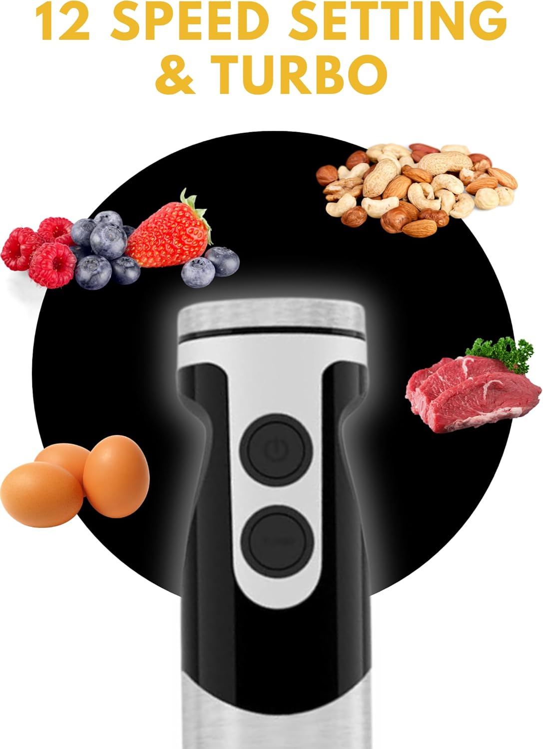 MegaWise Stainless Steel Titanium Reinforced 3-in-1 Immersion Hand Blender, Powerful with 80% Sharper Blades, 12-Speed Corded Blender, Including Whisk and Milk Frother (3-in 1 Black)