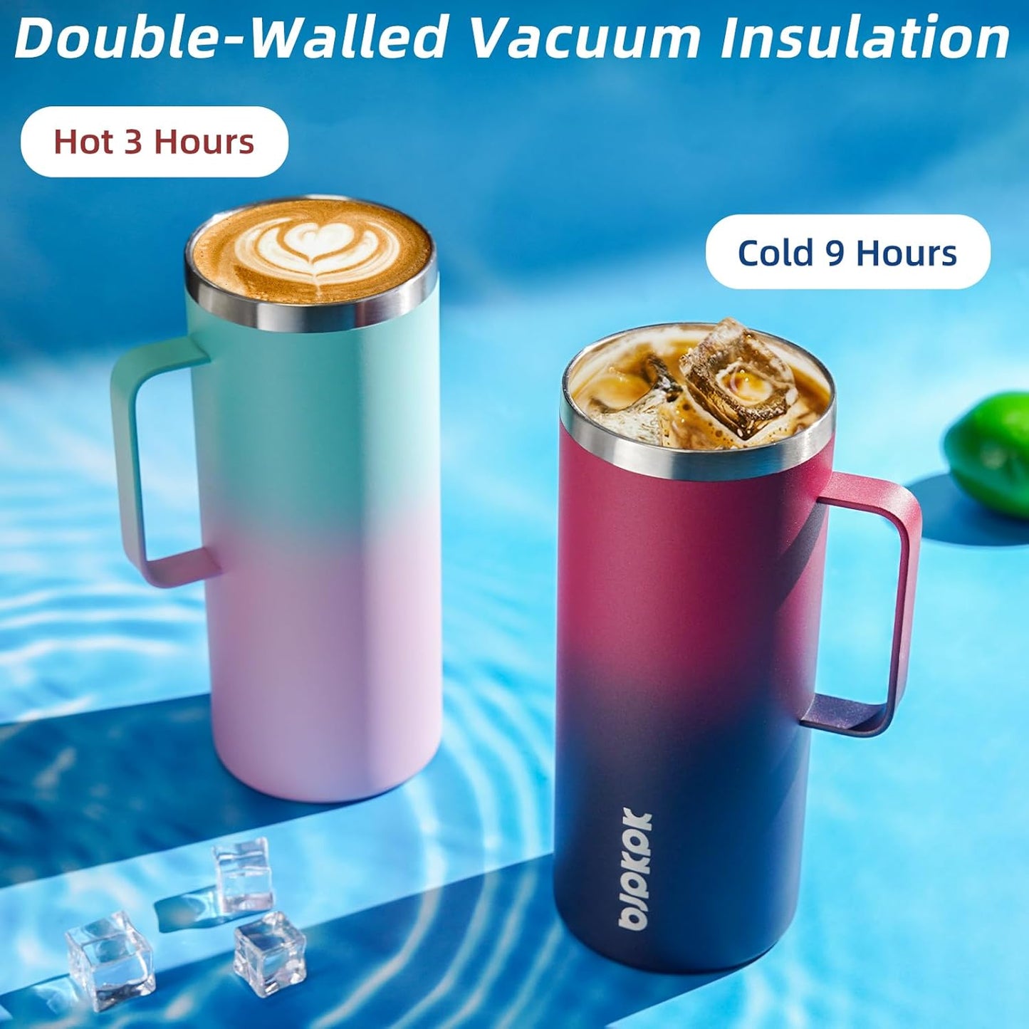 BJPKPK Insulated Coffee Mug with 2 Lids, 32oz Stainless Steel Insulated Tumbler with Handle, Double Wall Vacuum Coffee Cups, BPA Free Travel Mug for Coffee, Tea and Drinks, Charming Red & Blue