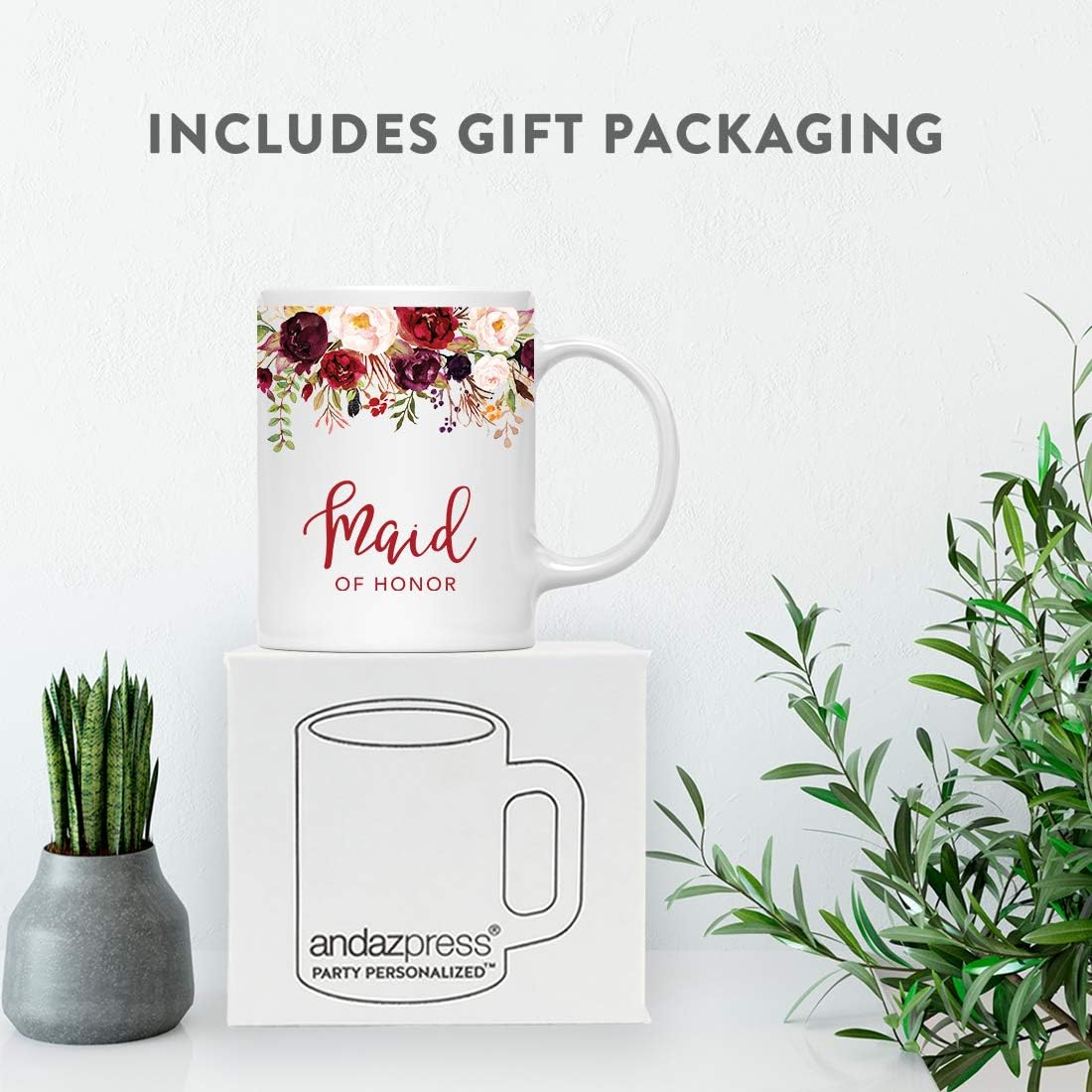 Andaz Press 11oz. Wedding Ceramic Coffee Tea Mug Gift, Fall Autumn Marsala Burgundy Flowers Roses Florals, Maid of Honor, 1-Pack, Includes Gift Box