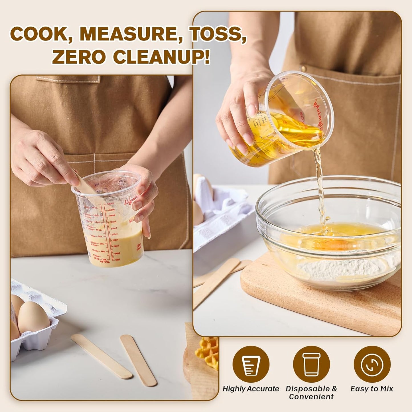 16 oz Plastic Mixing Cups, 100 Pack 16 oz (500ml) Disposable Measuring Cups with 100 Wooden Mixing Sticks, Can Be Used for Epoxy Resin, Liquid Measuring, Paint, Cooking and Baking