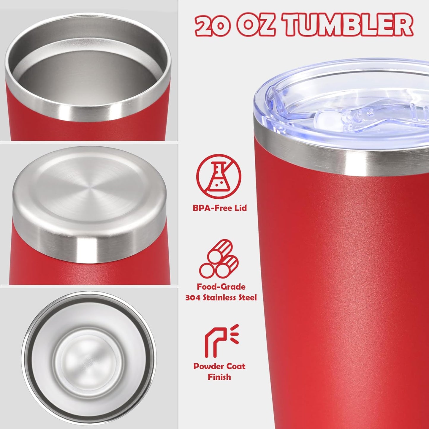 20oz Tumbler Bulk Stainless Steel Tumbler Cup with Lid Vacuum Insulated Double Wall Travel Mug, Durable Powder Coated Travel Coffee Tumbler Mug for Hot & Cold Drinks, Red,8 Pack