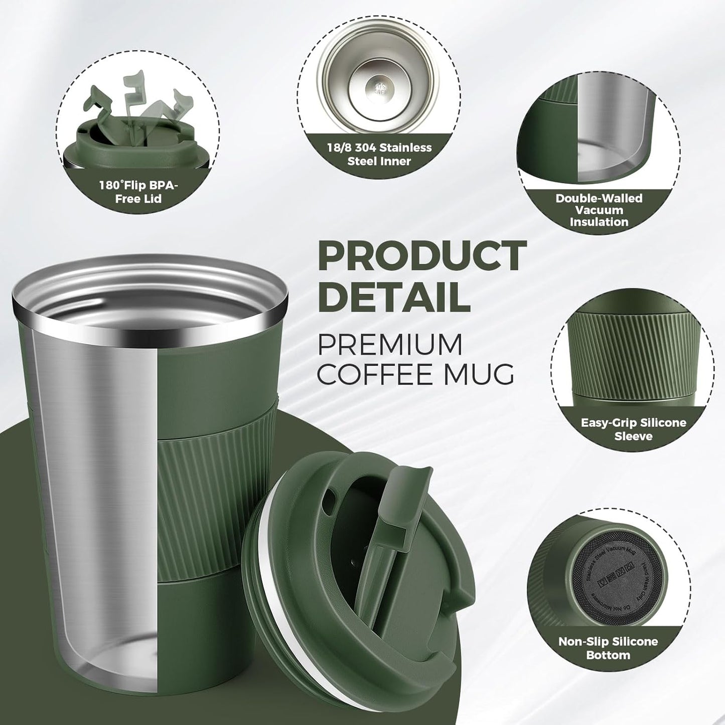 Volhoply 13 oz Stainless Steel Insulated Travel Coffee Mug with Fip Lid Bulk 2 Pack,Reusable Double Wall Vacuum Metal Coffee Cup,Portable Leak Proof Thermal Tumbler for Hot & Cold Drinks(Army Green,2)