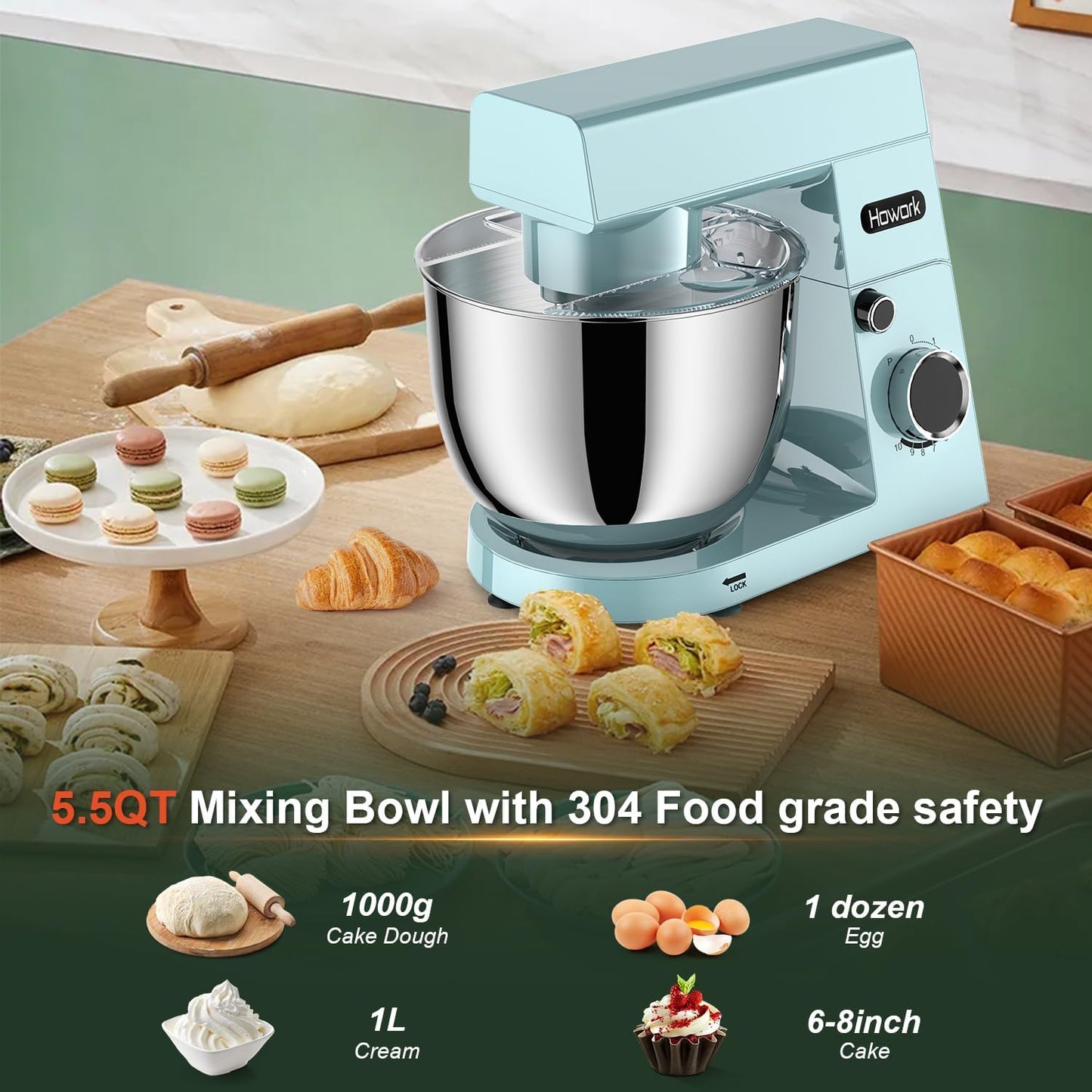 HOWORK Stand Mixer,10+p Speeds With 5.5QT Stainless Steel Bowl,Dough Hook, Wire Whip & Beater,for Most Home Cooks,Blue