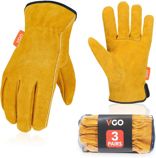 Vgo... 3-Pairs Unlined Cowhide Split Leather Work and Driver Gloves, for Heavy Duty, Truck Driving, Warehouse, Gardening, Farm (Size XL, Gold, CB9501)