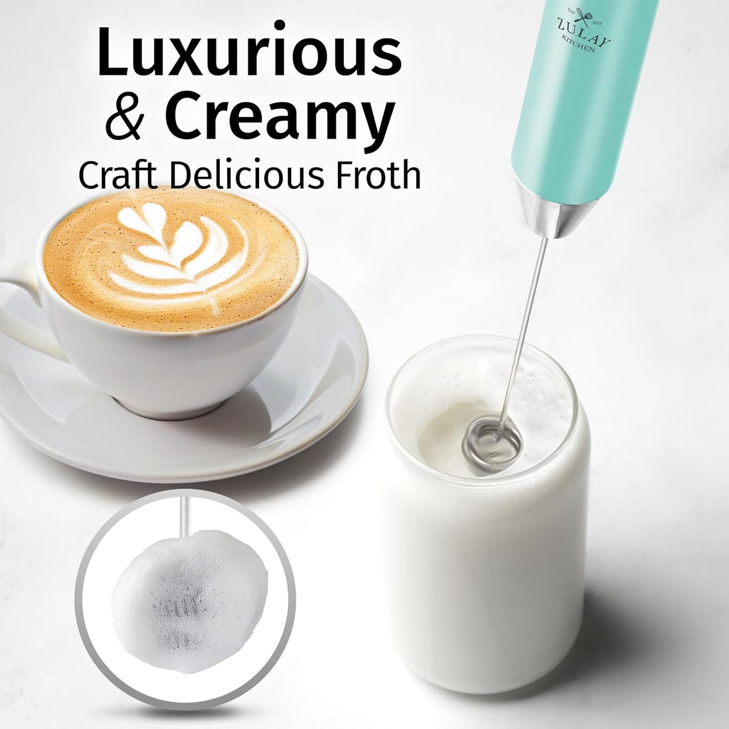 Zulay Kitchen Lux Rechargeable Milk Frother Handheld - Powerful 2-Speed Motor, Fully Waterproof, 2000mAh Battery - Drink Mixer For Latte, Cappuccino, Matcha, Protein Powder - Sky Blue