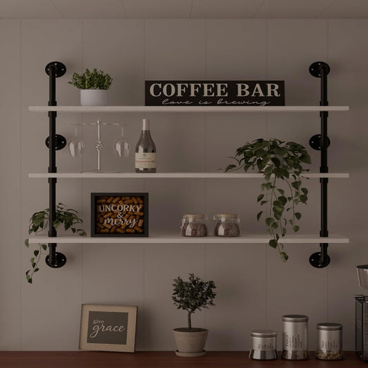 Industrial Pipe Shelving Rustic White Pipe Wall Shelves Industrial Shelves with Wood Planks Floating Shelves 48 Inch Farmhouse Bathroom,Kitchen Shelving Wall Mounted