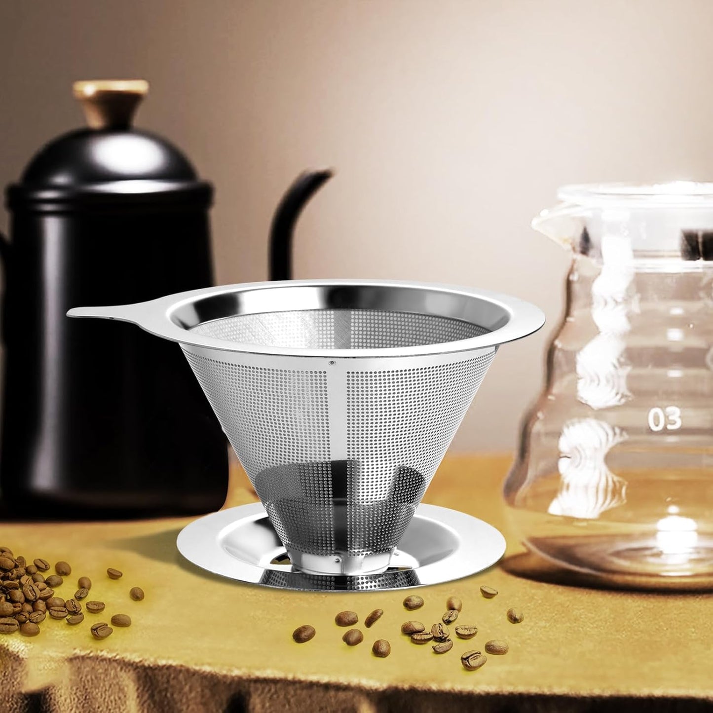 Upgraded Pour Over Coffee Filter, Coffee Dripper, Paperless Mess Stainless Steel Coffee Filter, Maker One to Two Cup, Keeping Nature Coffee Flavour, Easy to Use and Clean (Large)