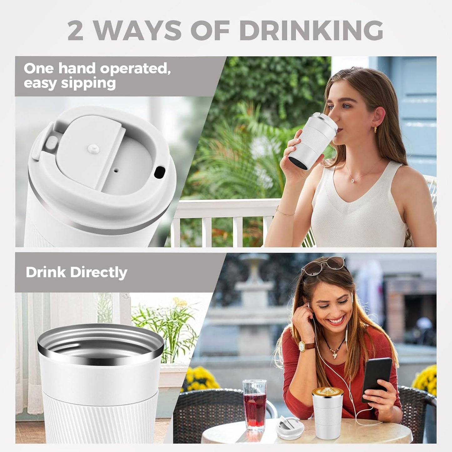 Volhoply 13 oz Stainless Steel Insulated Travel Coffee Mug with Fip Lid Bulk 2 Pack,Reusable Double Wall Vacuum Metal Coffee Cup,Portable Leak Proof Thermal Tumbler for Hot & Cold Drinks(White,2)