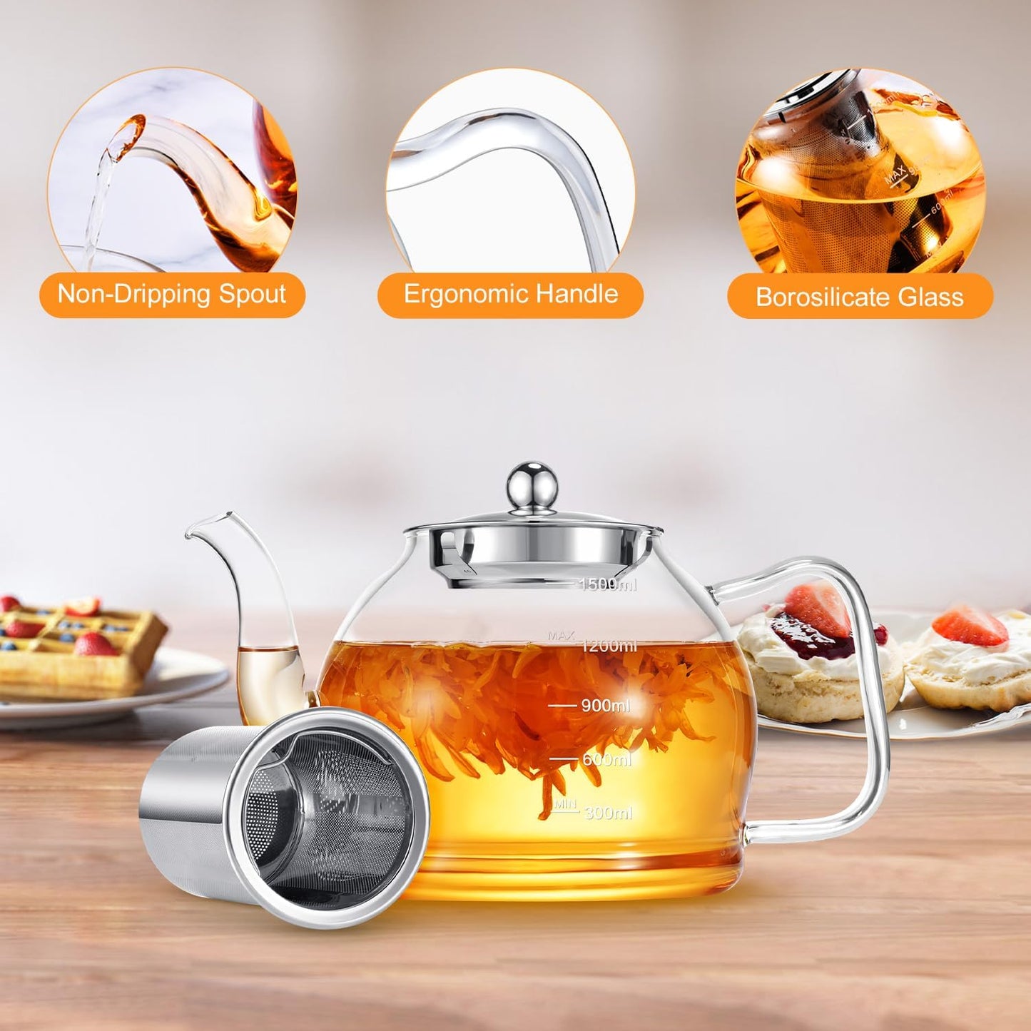 STNTUS Glass Teapot, 52 oz / 1500 ml for Loose Tea, Teapot with Infusers for Loose Tea, Stainless Steel Strainer, Tea Pot for Stove,