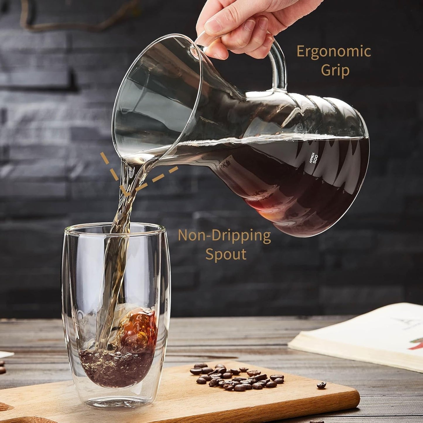 Unbreakable - Pour Over Coffee Maker with Permanent Stainless Filter 32 fl oz, Thickened Heat-Resistant Borosilicate Glass Dripper Coffee Brewer, Stovetop Safe, Ink