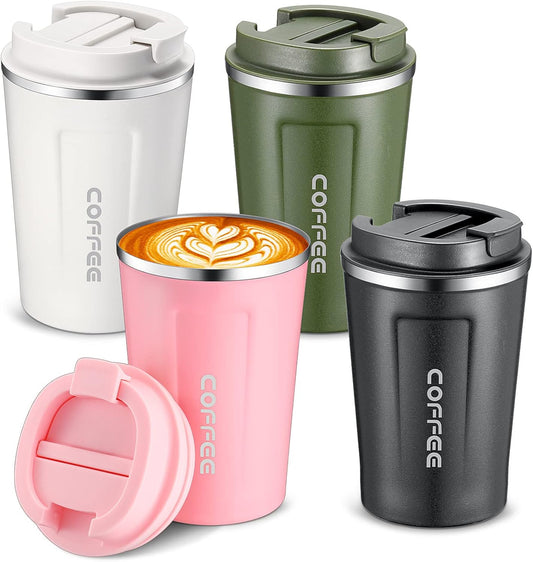 Sieral 4 Pcs 13 oz Travel Coffee Mug Insulated Reusable Coffee Cups with Leakproof Lid Stainless Steel Portable Tumbler for Keep Hot or Ice Milk Tea(Black, White, Pink, Green)
