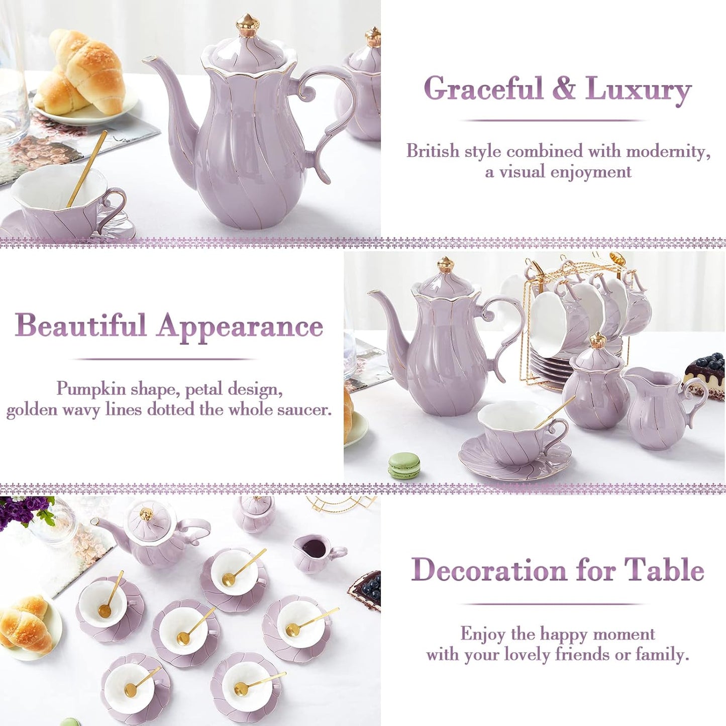 DUJUST 22 pcs Porcelain Tea Set for 6, Luxury British Style Tea/Coffee Cup Set with Golden Trim, Beautiful Tea Set for Women, Tea Party Set, Gift Package (With a Stand) - Purple