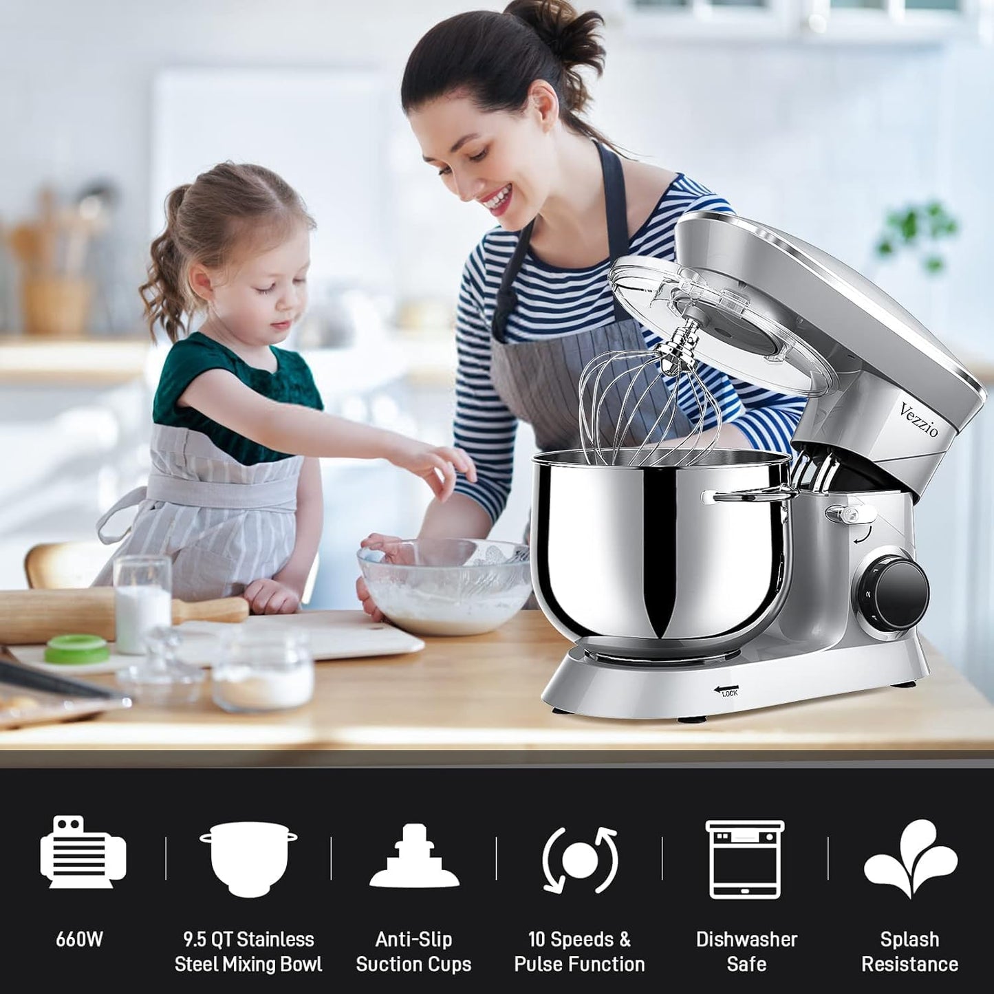 9.5 Qt Stand Mixer, 10-Speed Tilt-Head Food Mixer, Vezzio 660W Kitchen Electric Mixer with Stainless Steel Bowl, Dishwasher-Safe Attachments for Most Home Cooks(Silver)