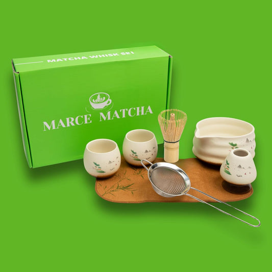 Marce Matcha Whisk Set- Matcha Set includes Matcha Whisk and Bowl (Bowl with Spout), Sifter, Holder and Scoop- The Perfect Bamboo Whisk for Matcha Tea (Cream- 7PC)