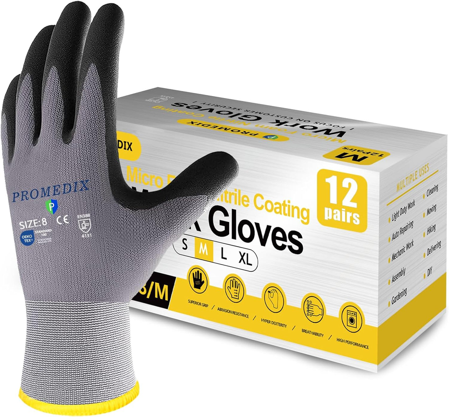 PROMEDIX P Nitrile Coated Work Gloves,MicroFoam Safety Work Gloves Men,Seamless Knit Nylon&spandex Gloves with Grip