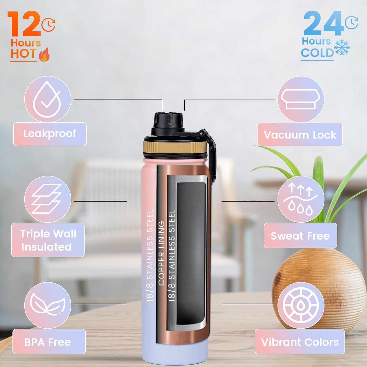 Lexlion Tea Infuser Bottle - Fruit Infuser Water Bottle 22 Oz, Triple Walled Insulated Stainless Steel Bottle, Thermal Leaf, Silicone Sleeve, 3 Lids Leakproof, Metal Mug Gallon