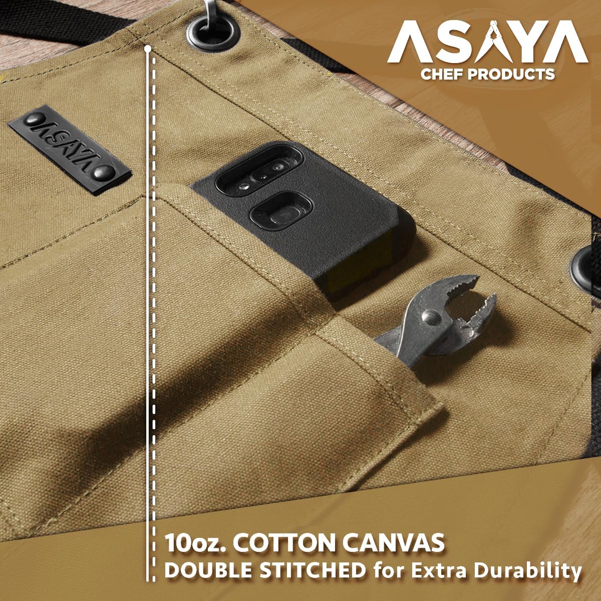 Asaya Chef and BBQ Apron with Bottle Opener and Hand Towel - 10oz Cotton Canvas, Stainless Steel Hardware - Cross Back Straps