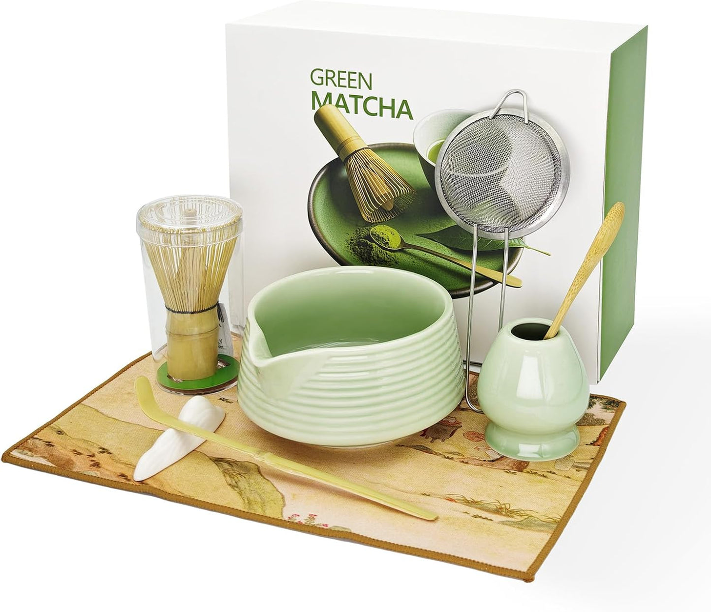 Matcha Whisk Set, Matcha Bowl with Spout, Tea Brush Stand, Stainless Steel Sifter, Matcha Whisk Holder - 8 Pcs Green Matcha Kit Set for Matcha Lover Ideal Holiday Gift, Tea Making Tools