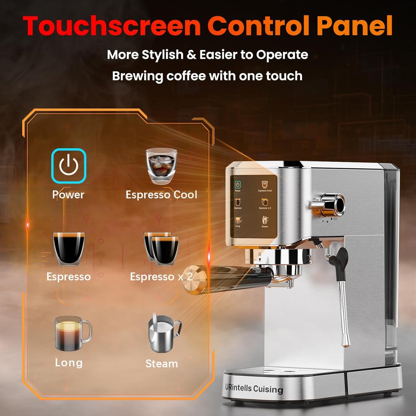 Espresso Machine 20 Bar,Touchscreen Espresso Maker with Steam Milk Frother, Stainless Steel Expresso Coffee Machine for Home with Removable Water Tank for Cappuccino Latte,Cold Brew,Long Coffee