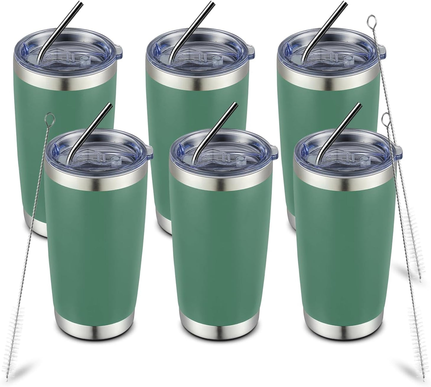 COMOOO 20oz Double Wall Vacuum Insulated Travel Mug, Stainless Steel Tumbler with Lid and Straw Durable Powder Coated Insulated Coffee Cup for Cold & Hot Drinks（Dark Green, 6 Pack