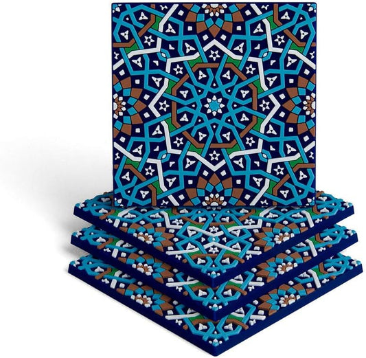 Set of 4 Silicone Coasters - Protect Against Water Marks or Damage - Fits All Cups, 3.5" Size, Blue Morocco