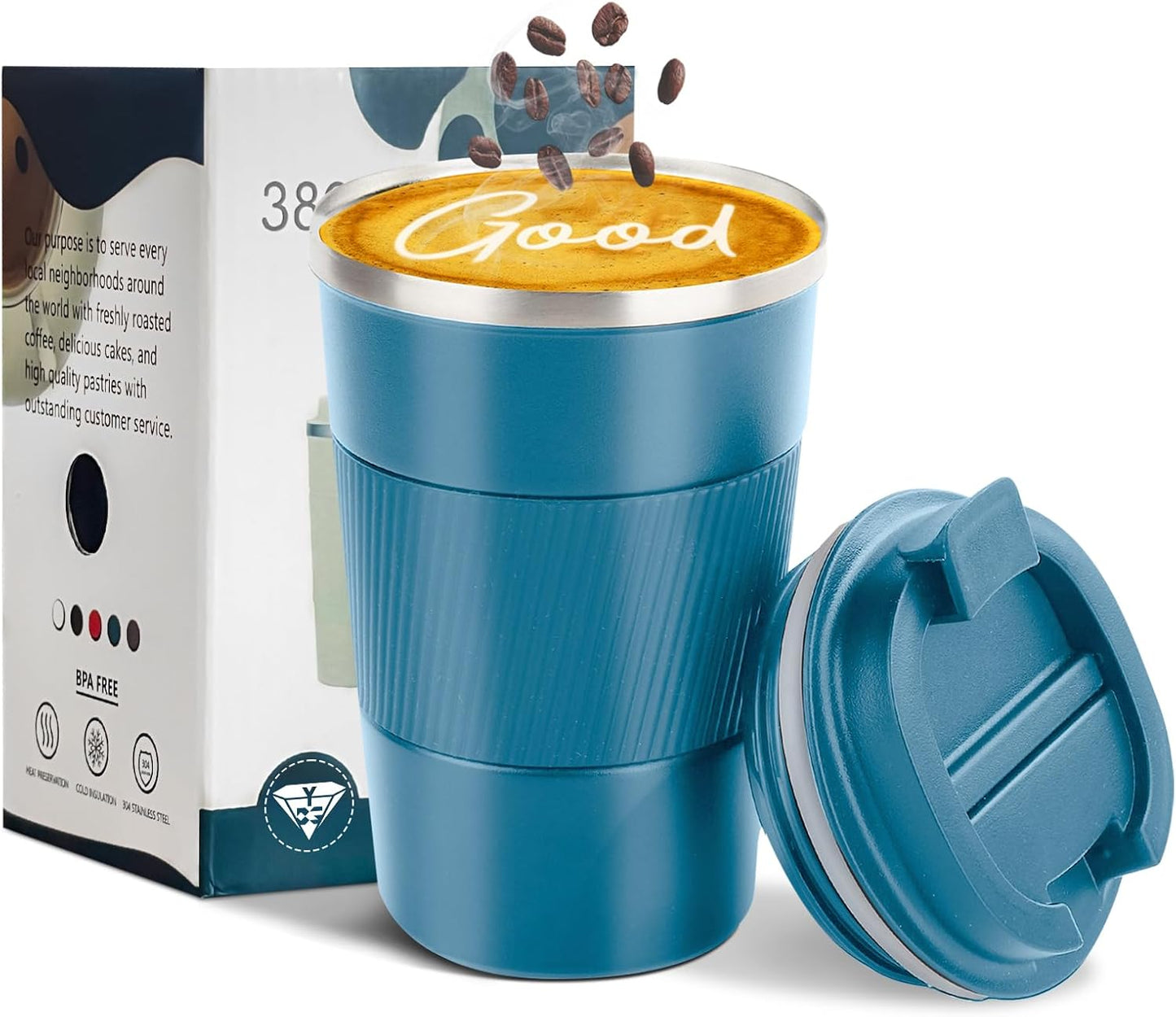 YINBAOGE Insulated Travel Coffee Mug Spill Proof Leak Proof Pobtable To Go Camping Stainless Steel Coffee Tumbler Reusable Coffee Cups with Lids Thermos for Hot and Cold Drink (Blue, 12 OZ)