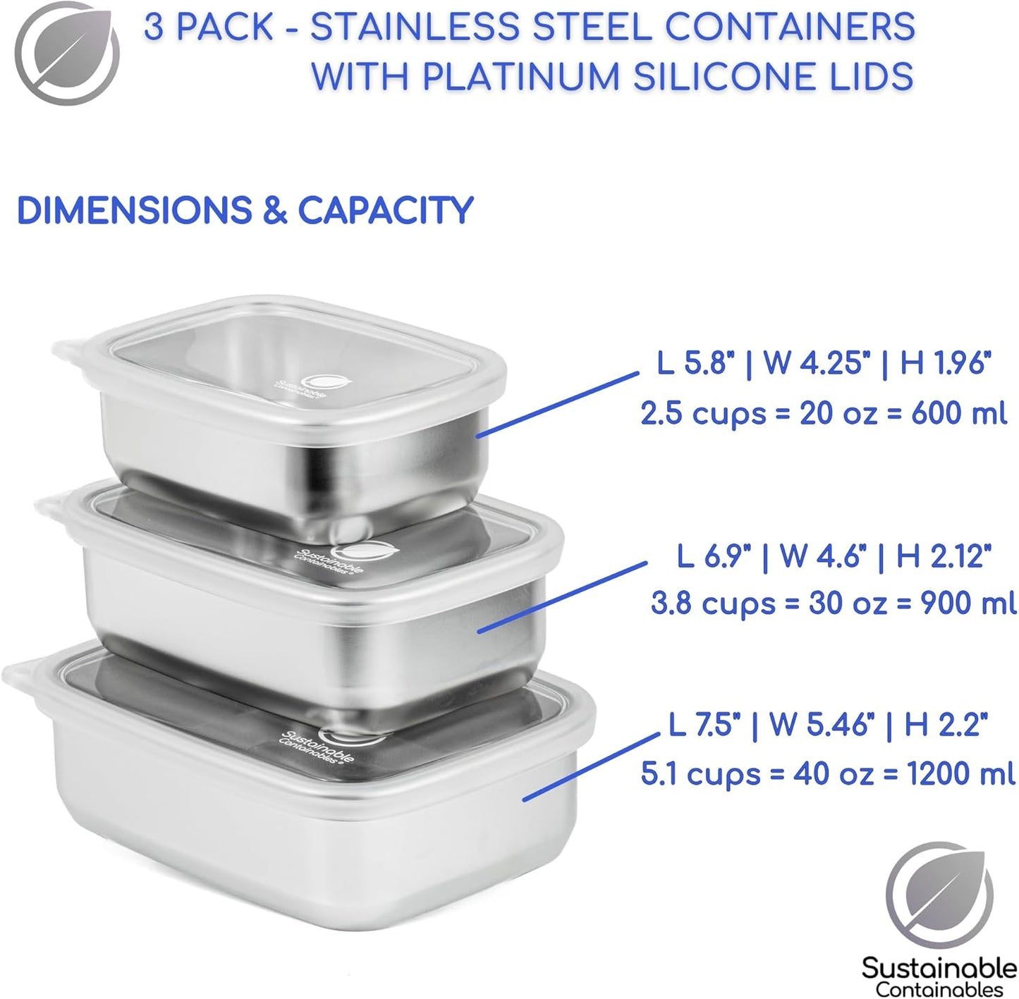 Stainless Steel Food Storage Containers with Clear Platinum Silicone Lids, Airtight, Leakproof 18/8 (304) Food Grade SS Nested 3Pk 20/30/40 oz Plastic-Free