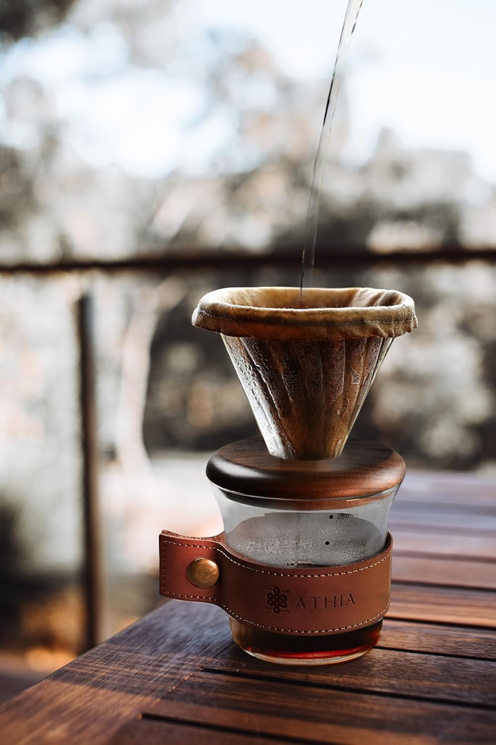 ATHIA glass pour over coffee maker set, minimalist drip coffee maker with reusable cloth filter, glass coffee dripper, walnut lid & leather sleeve for single cup manual brewing (Walnut Wood)
