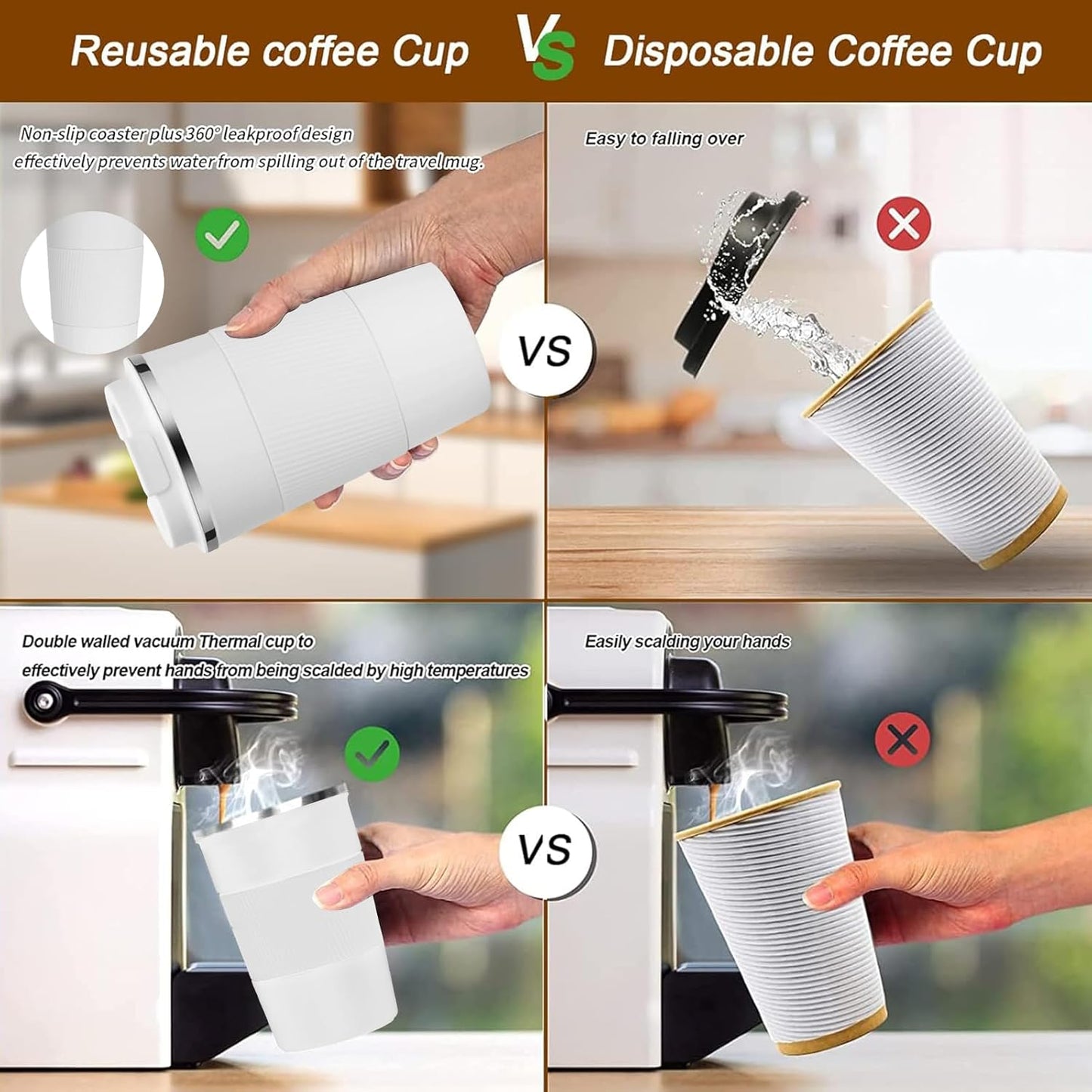 YINBAOGE Insulated Travel Coffee Mug Spill Proof Leak Proof Pobtable To Go Camping Stainless Steel Coffee Tumbler Reusable Coffee Cups with Lids Thermos for Hot and Cold Drink (White, 17 OZ)