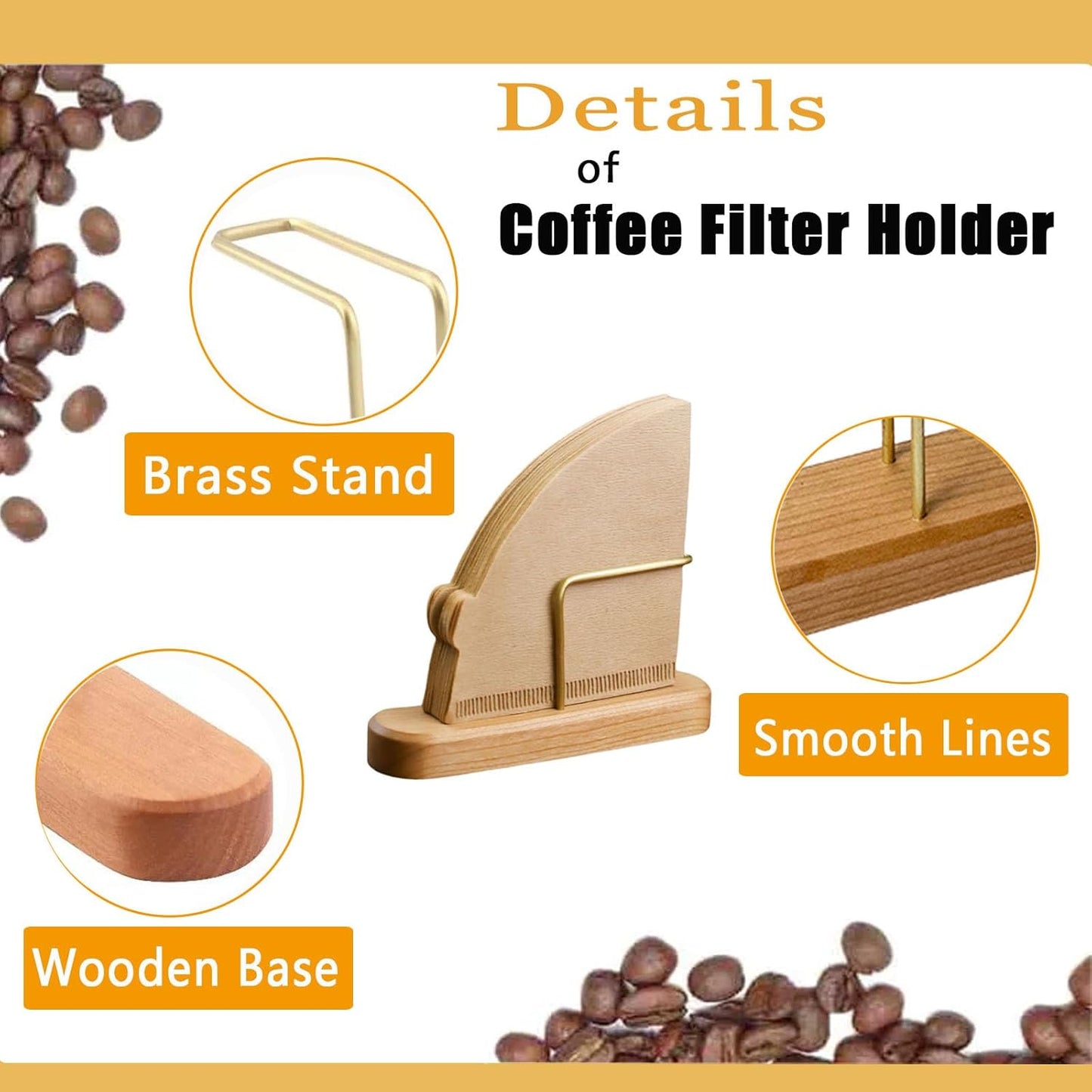 Coffee Filter Holder Stand for V60#1 & #2 | Wood & Brass Organizer with 40-Capacity | Space-Saving Storage for Cone Paper Filters | Compatible with Pour Over Coffee Accessories