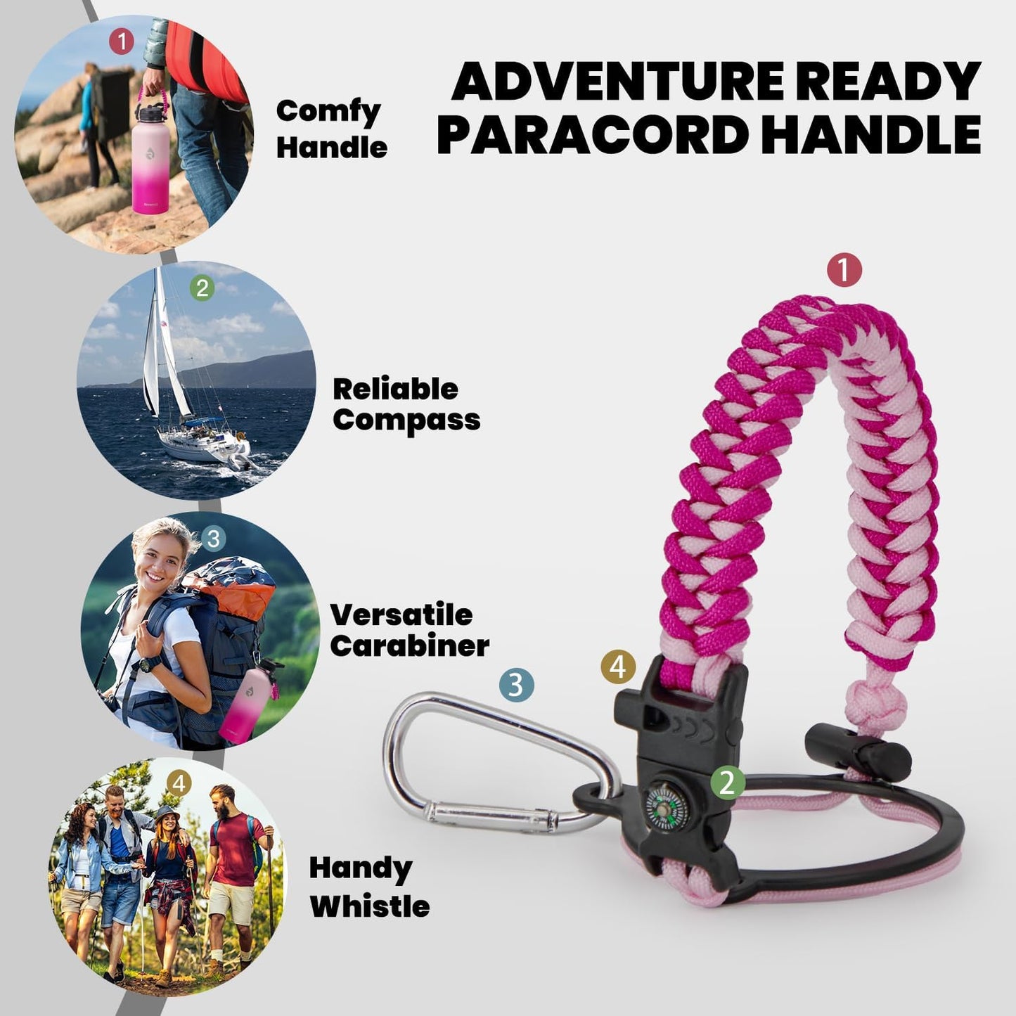 Insulated Water Bottle 87 oz, Triple Wall Vacuum Stainless Steel (Cold for 48 Hrs), Leak Proof & Non-BPA, Modern Water Flask Jug with Paracord Handle & Straw Spout Lids, Ombre Pink