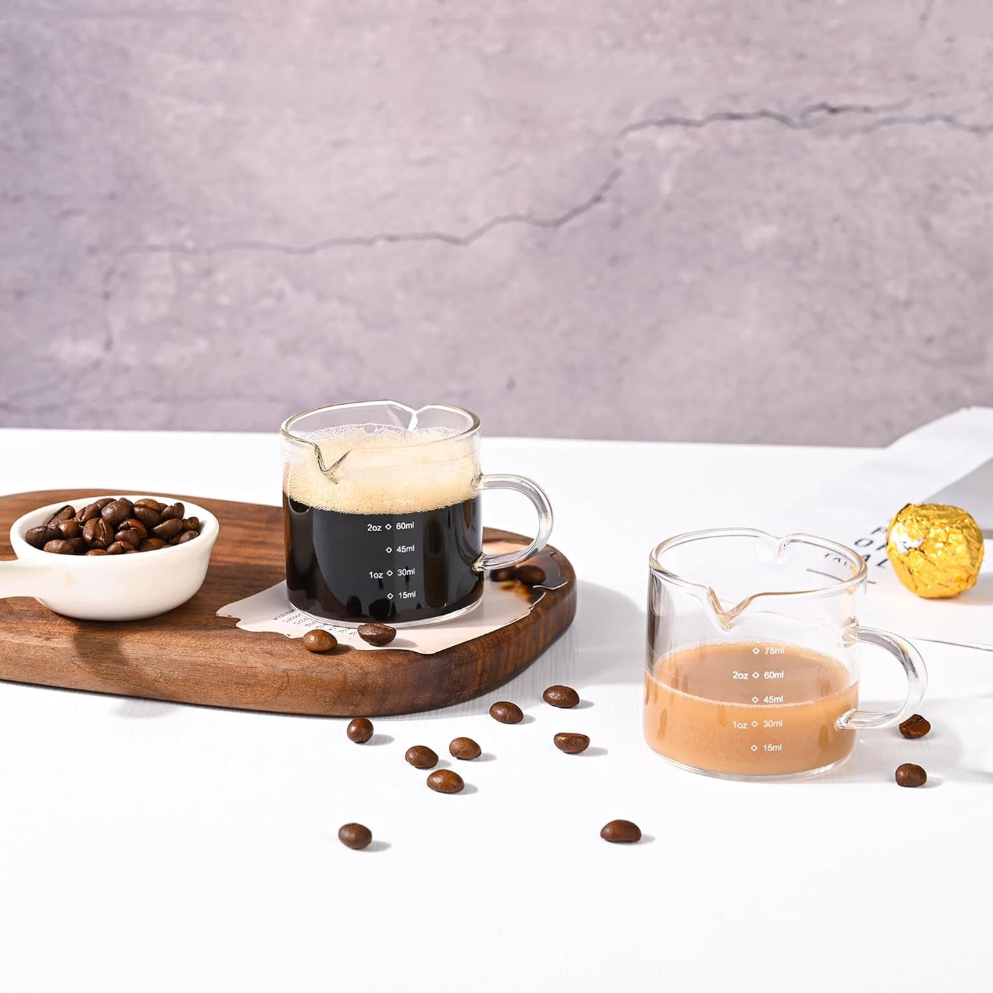 Espresso Double Spouts Glass Coffe Cup with Handle - 75ML/2.5OZ, Clear, Scale Measurement - Espresso Shot Glasses Cup(2PCS) (with Scale)