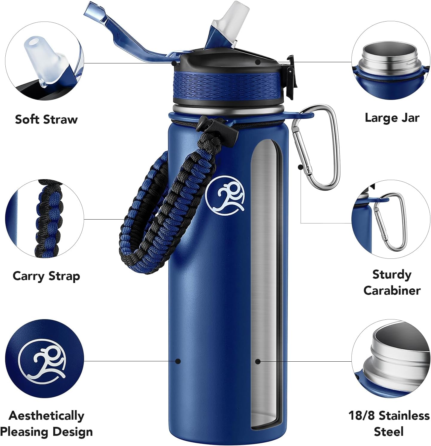 GOSWAG Insulated Sports Water Bottle, 24oz 2 Lids(with Straw/No Straw), Stainless Steel Water Bottles with Paracord Handle, Insulated Bottle with Double-Wall Vacuum Insulation
