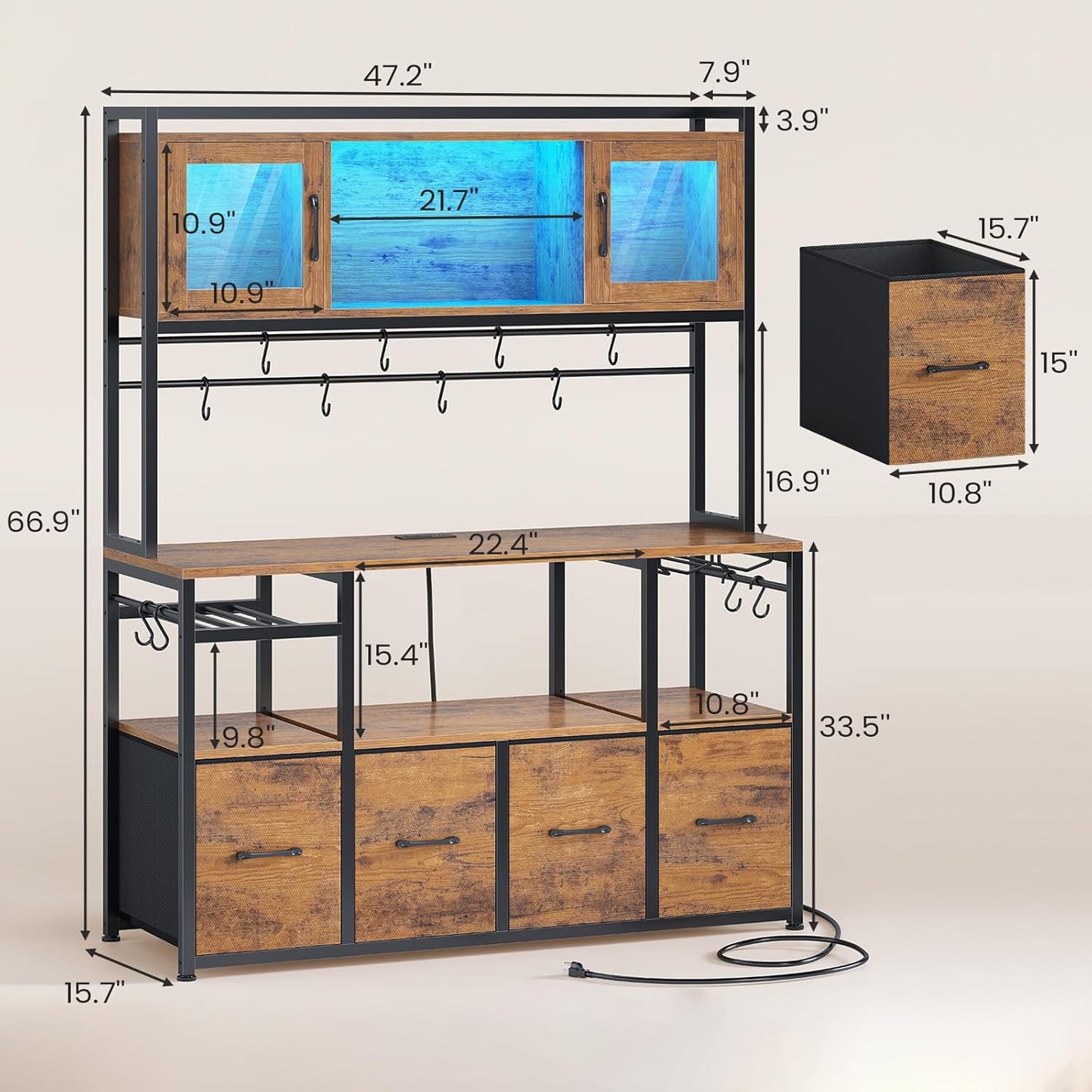 Itaar Bakers Rack with Power Outlet and LED Light, 47.2'' Microwave Stand with Storage, Kitchen Coffee Bar Cabinet with Glass Door, 4 Drawer, Wine Rack, Goblet Holder and 12 Hooks, Rustic Brown