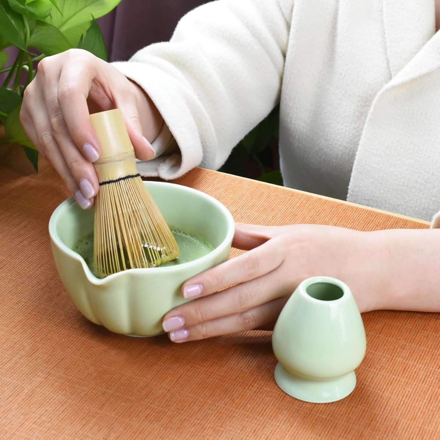 Artcome 4 Pcs Japanese Matcha Tea Set - Matcha Bowl with Pouring Spout, Matcha Whisk, Tea Scoop, Whisk Holder, Handmade Matcha Ceremony Kit For Japanese Tea Ceremony, Green