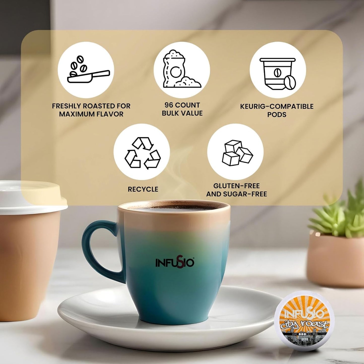 InfuSio Coffee Pods 96 Count City Roast Medium Roast Single Serve Coffee pods for Keurig K Cups Brewers - InfuSio Premium Roasted Keurig 2.0 Compatible