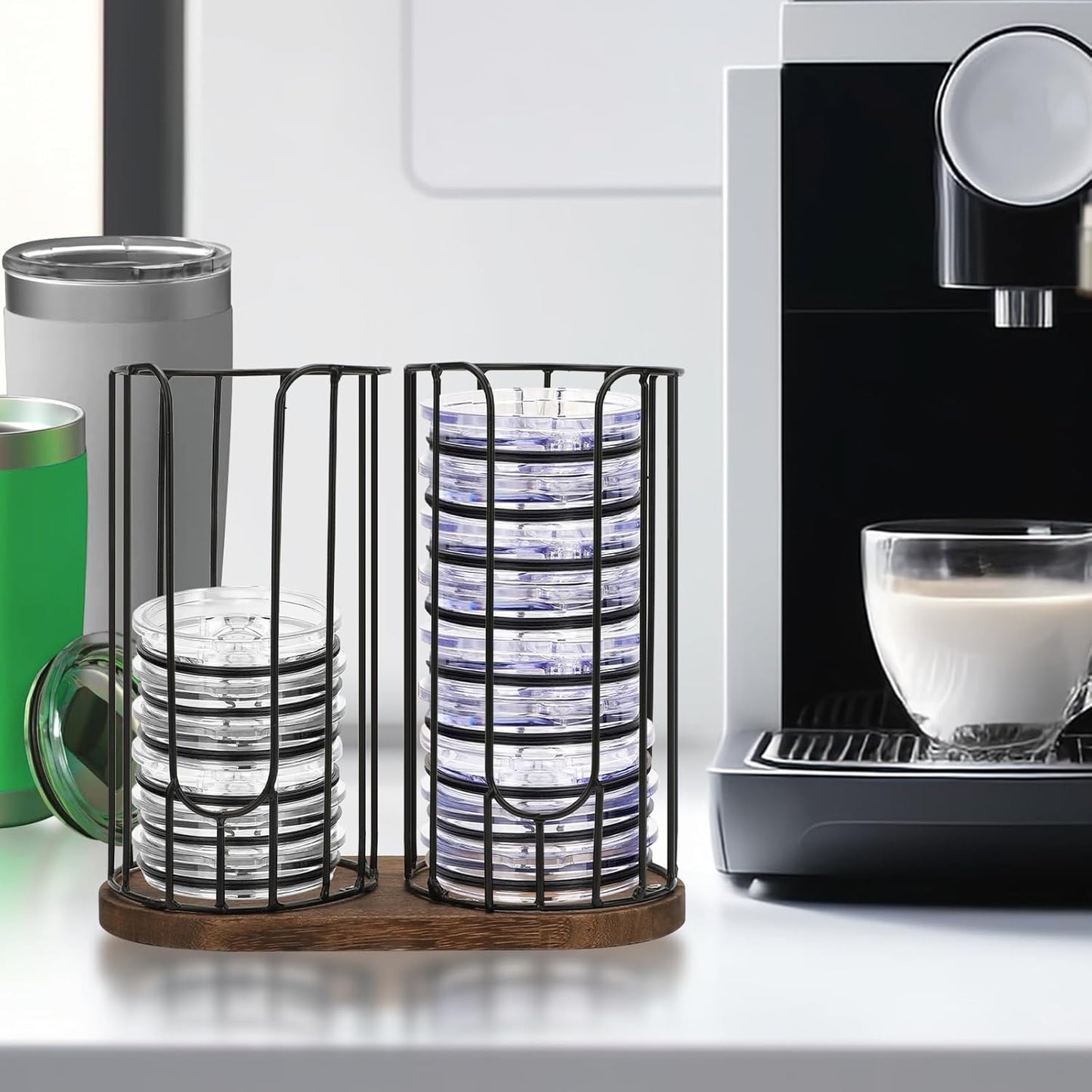 2-Compartment 18oz Coffee Cup Dispenser Rack with Wood Base, Disposable Cup, and Lid Organizer for Countertop - Perfect for Paper Cups, and Lid Organizer