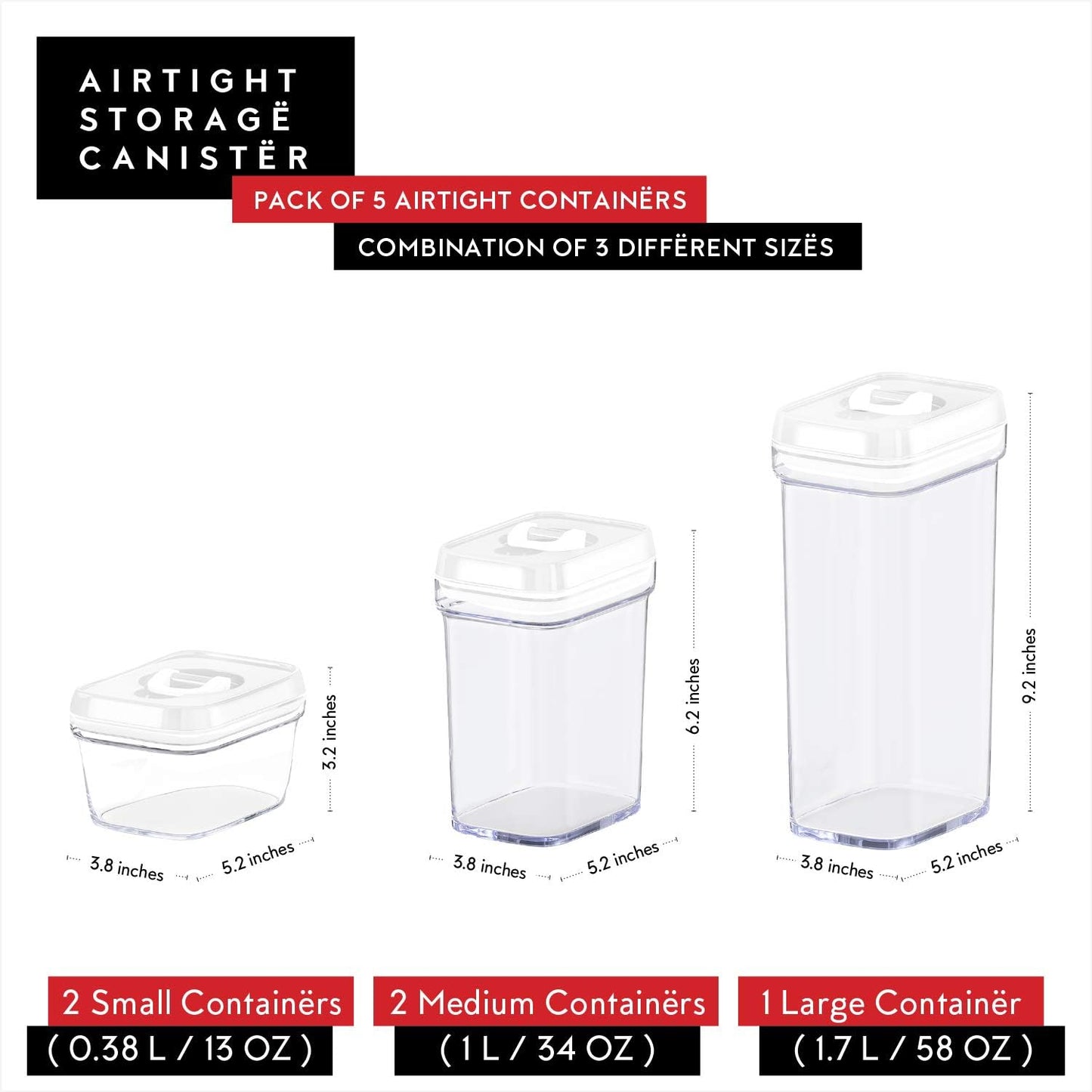 DWËLLZA KITCHEN Airtight Food Storage Containers with Lids - 5 Piece Set - Kitchen Accessories - Pantry Organization and Storage Containers for Food - Clear BPA-Free - Keeps Food Fresh & Dry