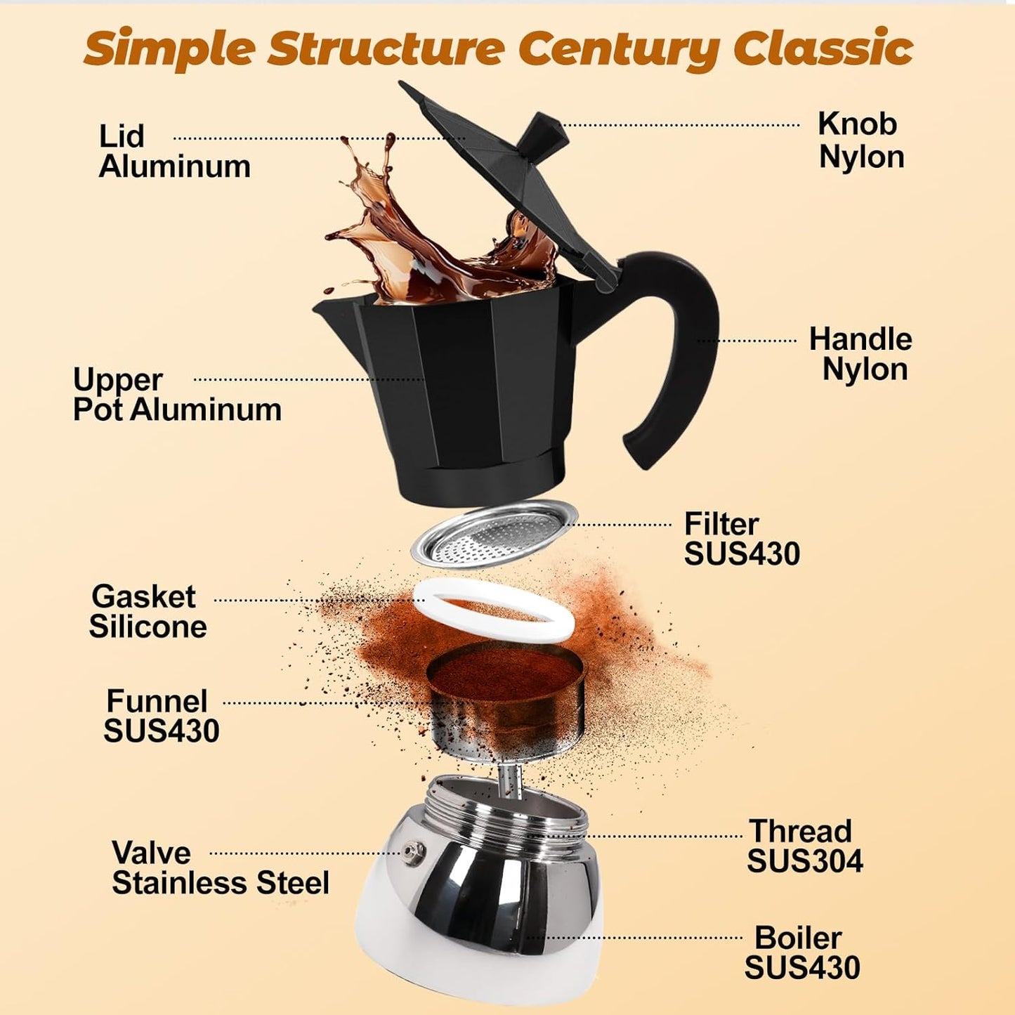 No Coating 6 Cup Aluminum and Stainless Steel Moka Pot Stovetop Espresso Maker Italian Coffee Machine 350ml 11.84oz Suitable for Gas Induction Stovetop Greca Coffee Maker Percolator Black