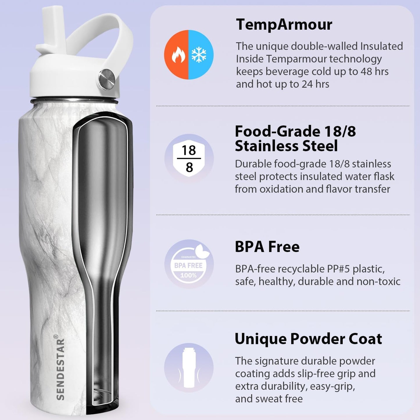 SENDESTAR 32oz Water Bottle Wide Mouth Stainless Steel Vacuum Insulated Double Wall with 2 Straw Lids Fit in Any Car Cup Holder TXIN-32-Marbling