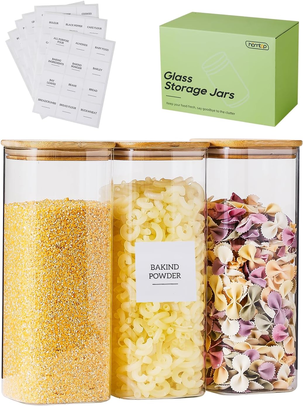 Glass Jars with Bamboo Lids 3 Pack, 61 Oz Airtight Square Storage Container, Clear Kitchen Canisters for Soild food, Nuts/Cookies/Sugar/Pasta