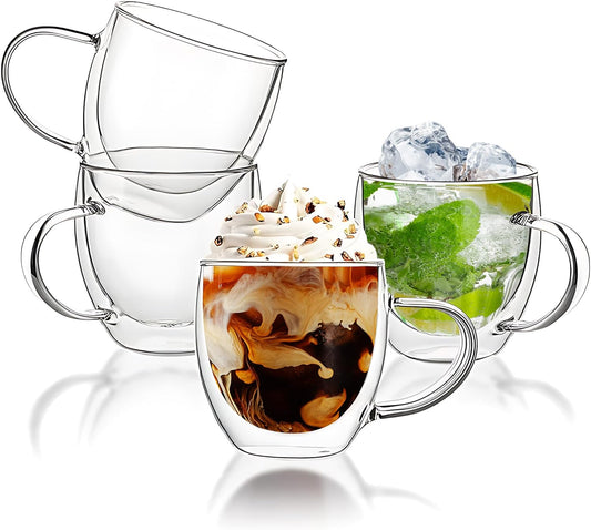 Set of 4 Double Walled Glass Coffee Mugs 8 Ounces Insulated Layer Coffee Cups with Handle Borosilicate Glass Espresso Cup for Hot Beverage,Cappuccino,Tea,Latte,Wine,Microwave Safe