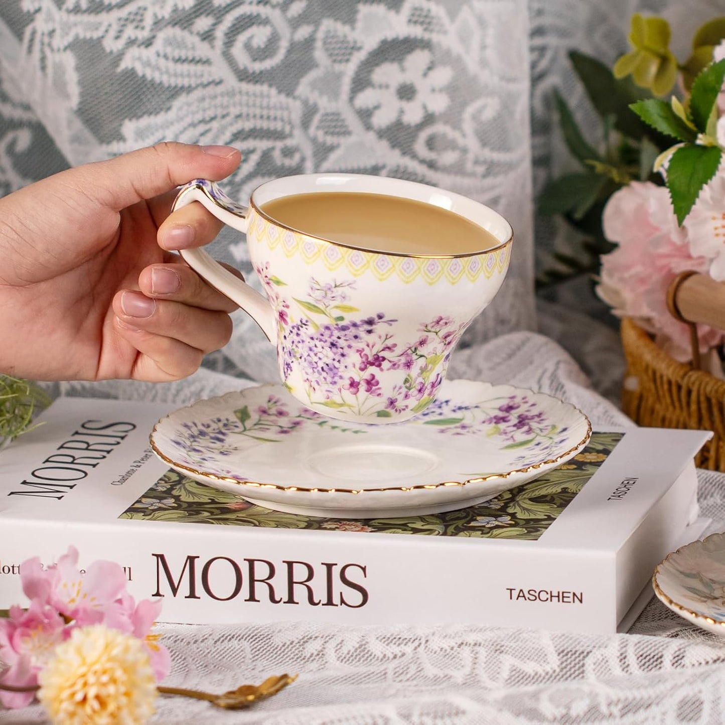 KAMMAK Tea Cups and Saucers Set of 2, Reinforced Porcelain Coffee Cups, 7.4-Ounce Stackable Espresso Mugs, Ceramic Demitasse for Coffee, Cappuccino, Latte, Americano, Tea, Lilac + Colorful