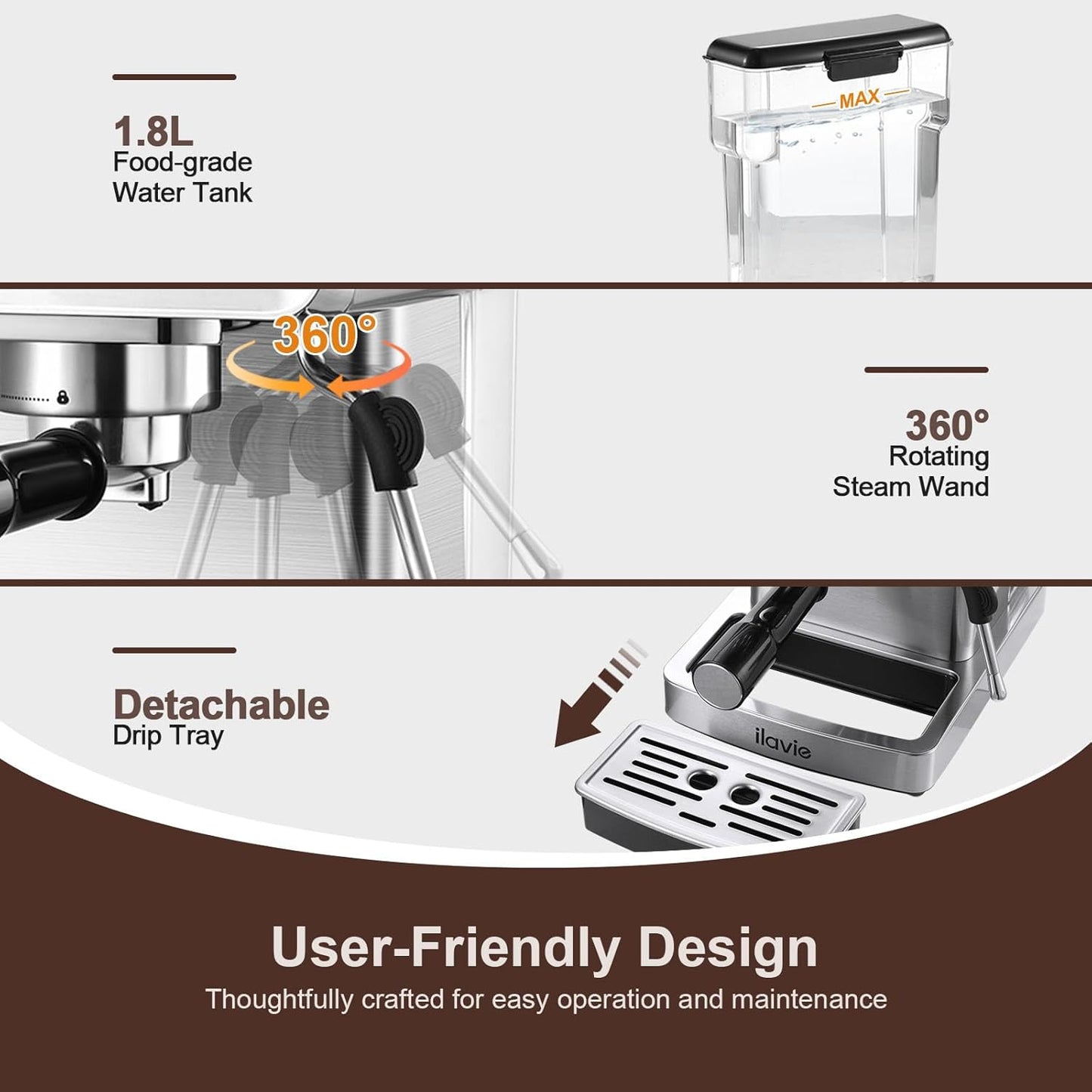 Espresso Machine 20 Bar, Espresso Maker with Steam Milk Frother，Espresso Coffee Machine with 60oz Removable Water Tank for Lattle, Cappuccino, Stainless Steel