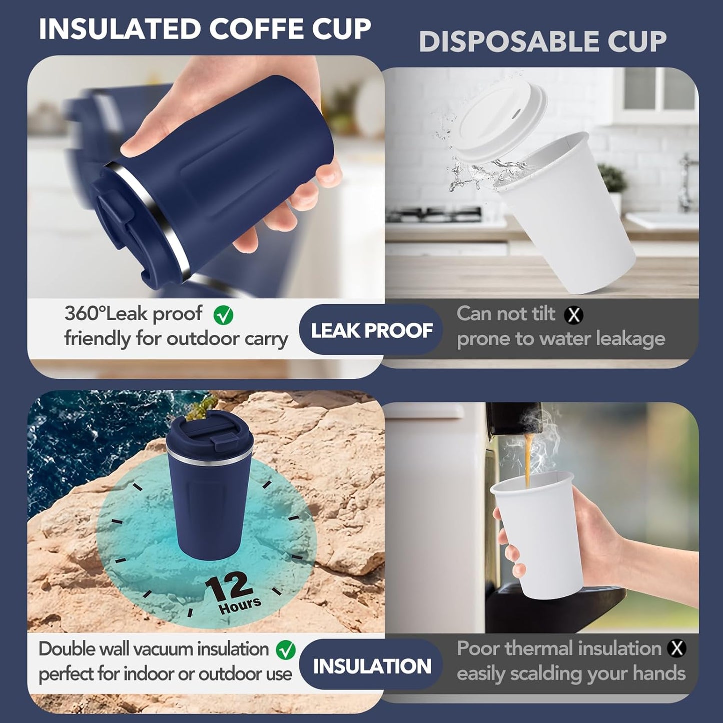 Volhoply 12 oz Double Wall Insulated Vacuum Travel Coffee Mug with Flip Lid Bulk 8 Pack,Reusable Stainless Steel Leak Proof Coffee Cup,Portable Cafe Thermal Tumblers for Hot & Cold Drinks(Navy,8 Set)