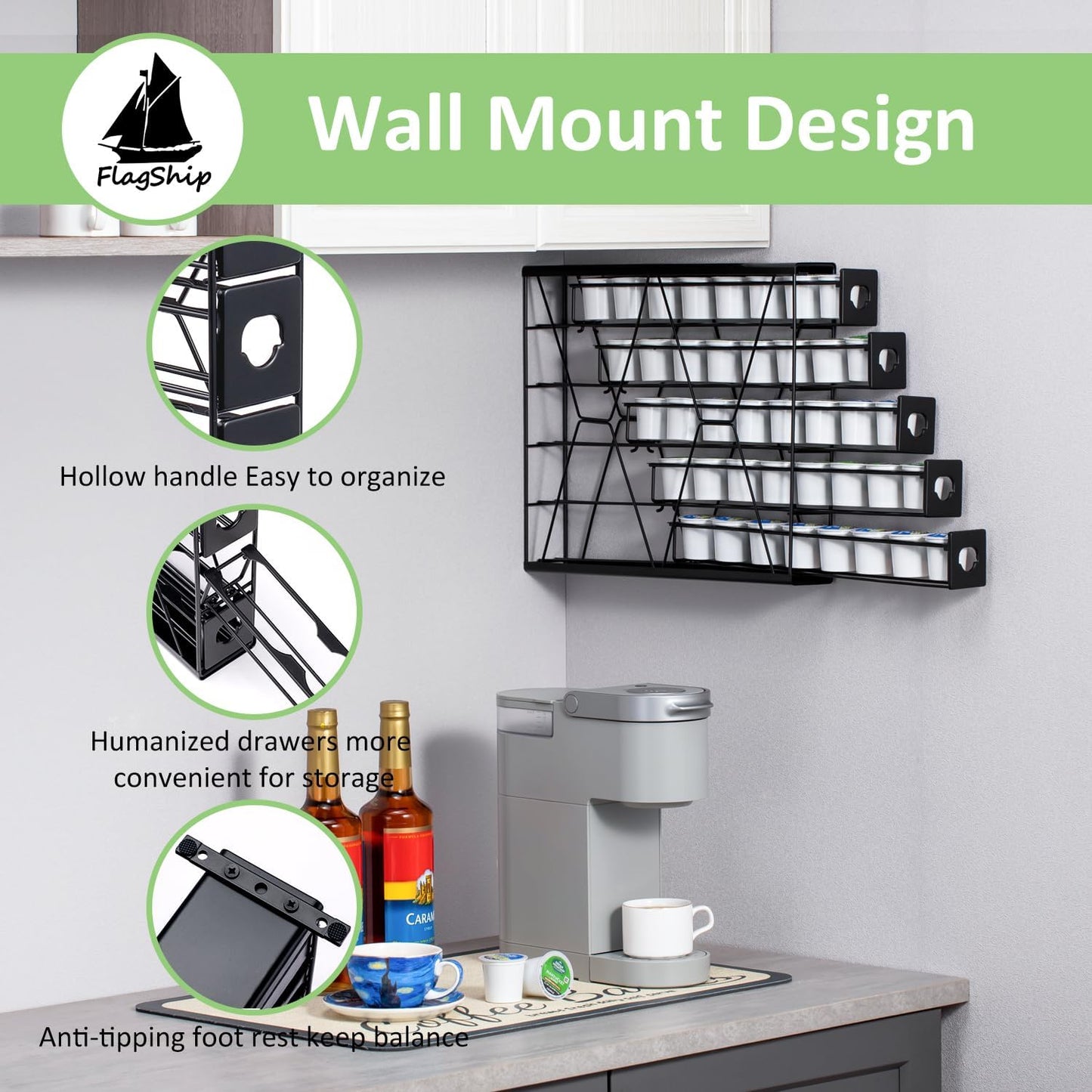 FlagShip 5-Tier Corner Coffee Pod Organizer for K Cup - 40 Capsules Metal Storage, Space-Saving Kitchen Countertop Rack Wall Mountable