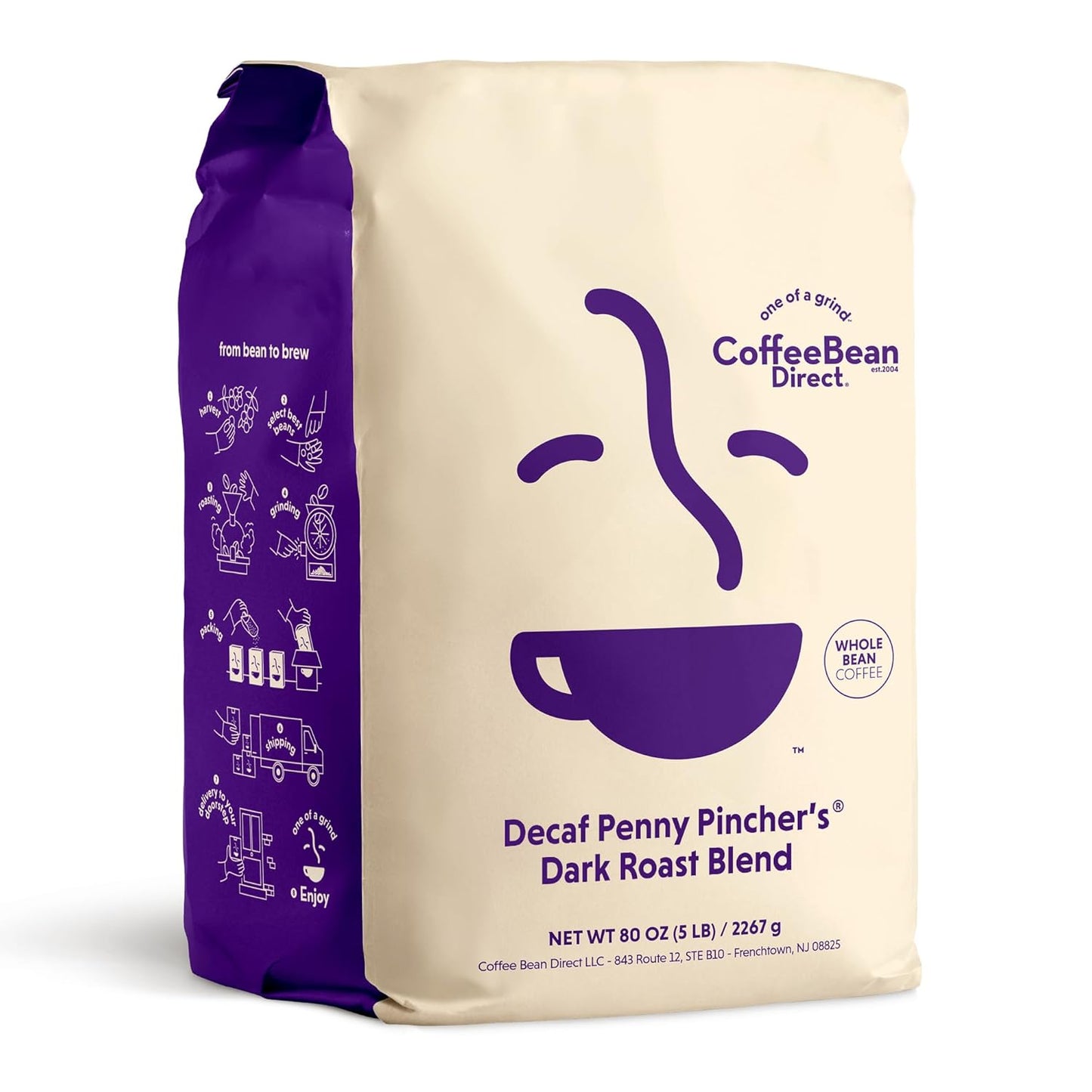 Coffee Bean Direct Decaf Penny Pincher's® Dark Roast Blend, Whole Bean Coffee, Dark Roast, 5 Pound Bag (Pack of 1)