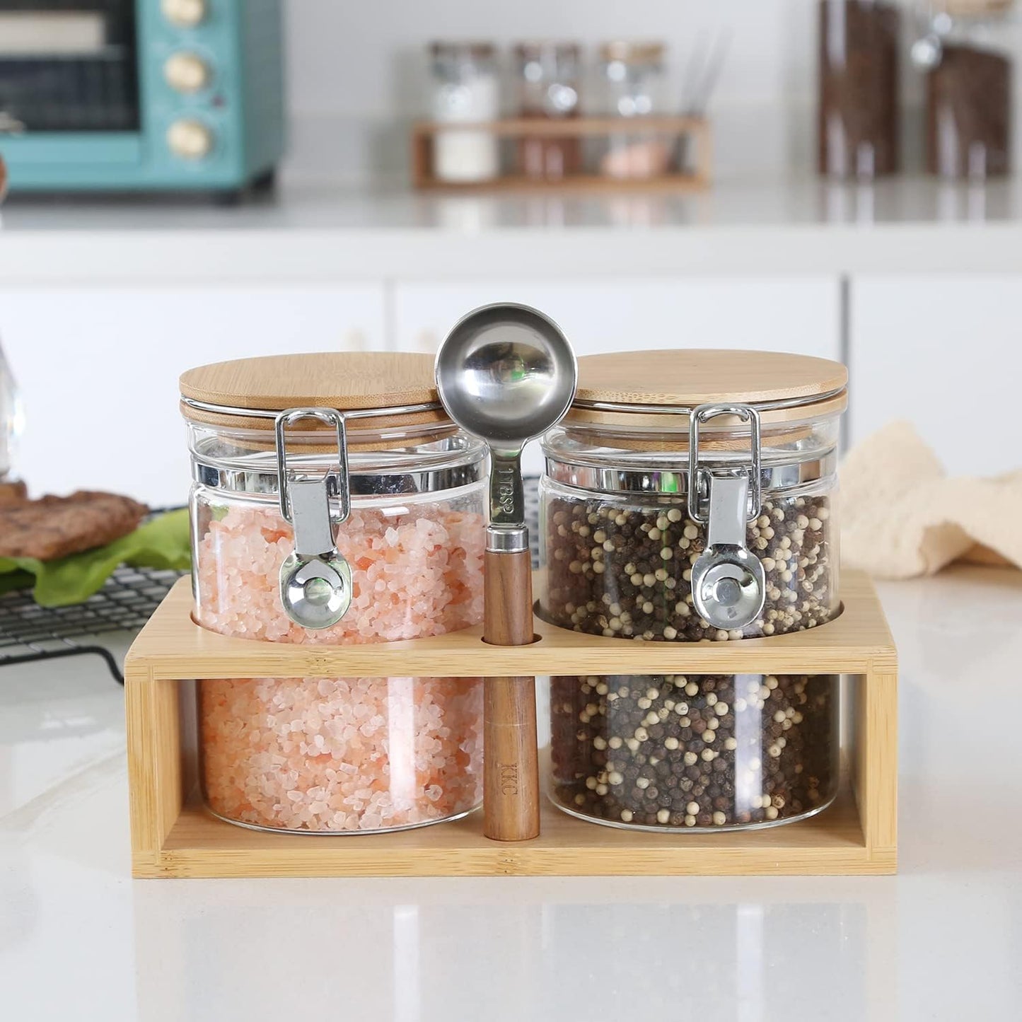 KKC HOME ACCENTS Air Tight Glass Coffee Sugar Jars with Locking Clamp Lids & Scoop for Coffee Grind,Brown Sugar, Loose Leaf Tea - 27 Fl oz