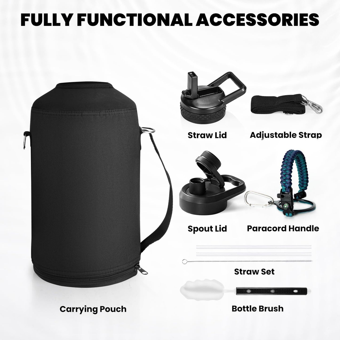 One Gallon Water Bottle Insulated, Triple Walled Vacuum Stainless Steel (Cold for 48 Hrs), Leak Proof & Non-BPA, Large Water Flask Jug with Paracord Handle & Straw Spout Lids